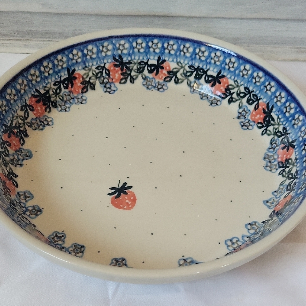 Polish Pottery Floral Blue and Cream Ceramic Bowl With Strawberries - Picture 10 of 13